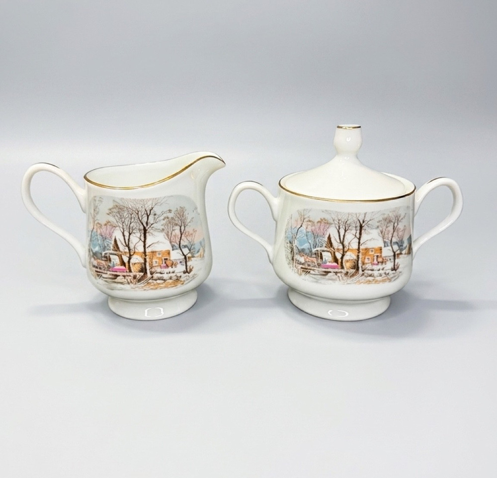 Vintage 1981 Avon Fine Porcelain Sugar Bowl Creamer Set Japan Winter Village